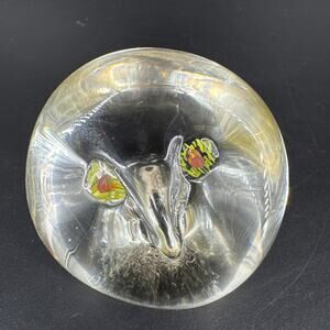 Vintage Clear Art Glass Owl with Colored Eyes Round Orb Shaped Paperweight